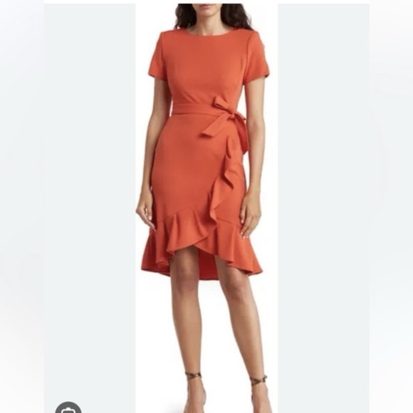 Calvin Klein Orange Ruffle Tulip Hem Stretch Crepe‎ Belt Dress Size 8 - Picture 1 of 11